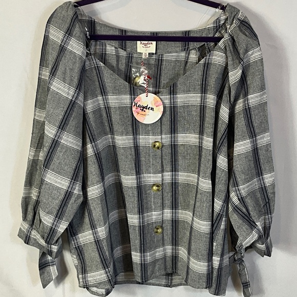 Hayden Tops - Hayden Grey and White Long Sleeve Plaid Blouse Shirt Faux Buttons Size 1XL